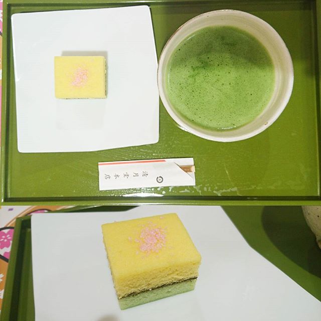 東京で抹茶が飲めるお店 上野 #清月堂  ですな。 今日の季節の和菓子はカステラ的な春らしい色使いのやつ！器の撮影抜けちゃった！ここの抹茶屋さんは前に来たことあるから侍猫さんの過去の思い出から画像探しだしたら器のデザイン見られるよ。 #抹茶 #tea #greentea