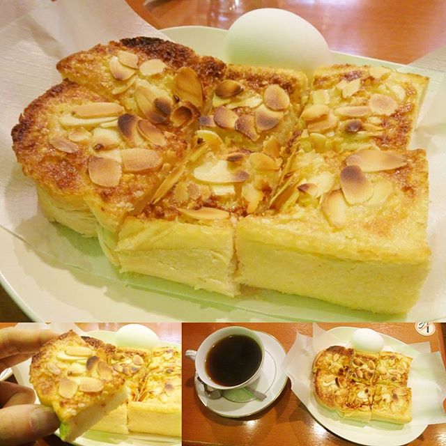 侍猫さんの夏休み #032 姫路の朝食界で１位をぶっちぎると言われてるアーモンドトーストだよ。アーモンドが香ばしくほんのり砂糖の甘味がおいしいやつだね。姫路でお土産みてるとさアーモンドクリーム的なのも見かけるんだよね。#姫路駅 #姫路 #japan #trip #travel #モーニング #朝食 #アーモンドトースト #はまもと